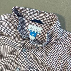 Columbia Mens L Red Button Down Shirt Cotton Gingham Pocket Long Sleeves